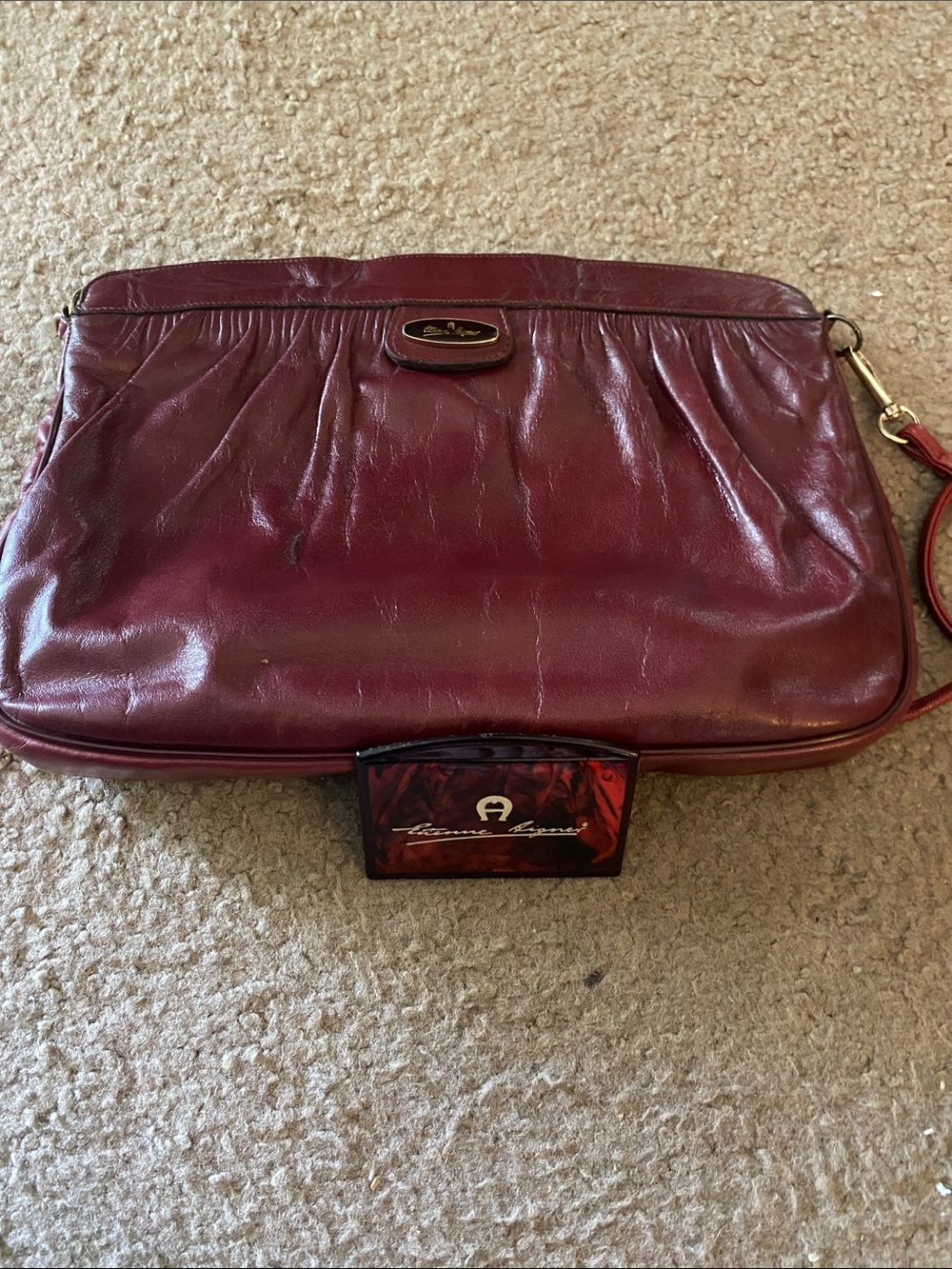 Etienne Aigner Vintage Burgundy Leather Wristlet Clutch with Gold Accents